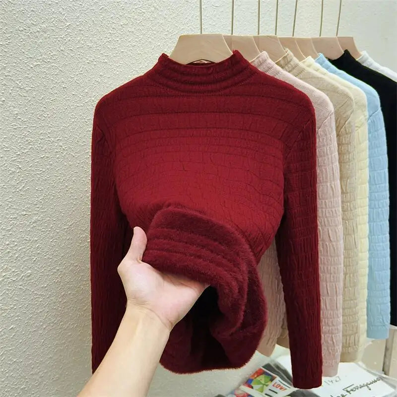 Autumn Winter Korean Fashion Solid Half Height Collar Velvet Knit Sweater Women Warm Long Sleeve Pullovers Tops Casual Popular