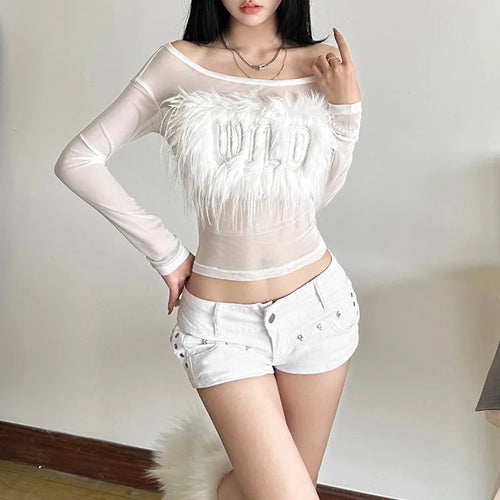 Load image into Gallery viewer, Y2k Aesthetic Vintage Fur Patchwork Tees Autumn Slim Streetwear Letter See Through Tshirts Women Harajuku Grunge Crop Mesh Tops
