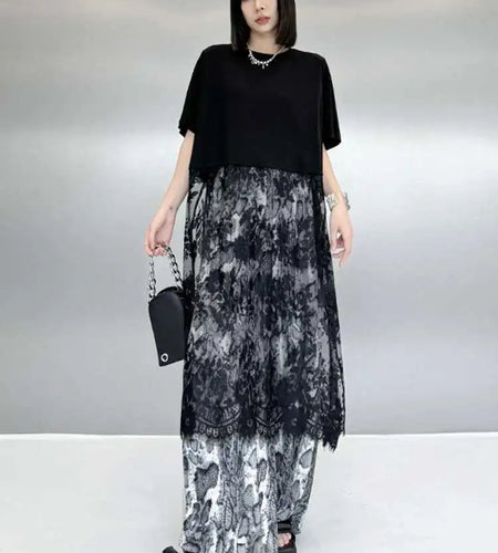 Women Black Hem Lace Perspective Big Size Midi Dress New Round Neck Short Sleeve Fashion Tide Spring Summer 2025 1DH6140