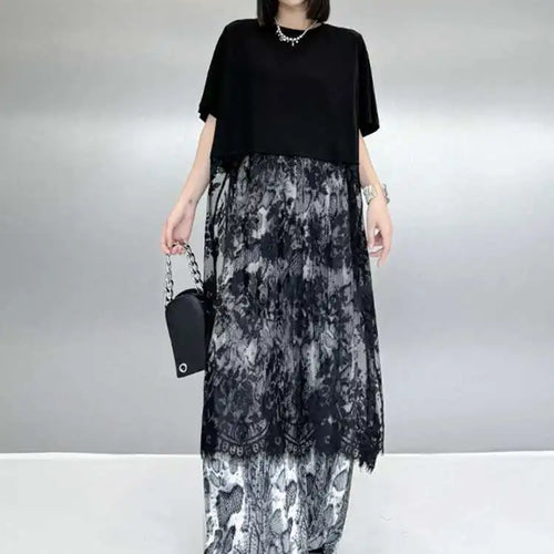 Load image into Gallery viewer, Women Black Hem Lace Perspective Big Size Midi Dress New Round Neck Short Sleeve Fashion Tide Spring Summer 2025 1DH6140
