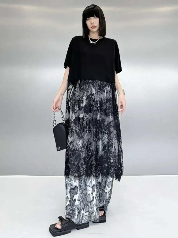 Women Black Hem Lace Perspective Big Size Midi Dress New Round Neck Short Sleeve Fashion Tide Spring Summer 2025 1DH6140