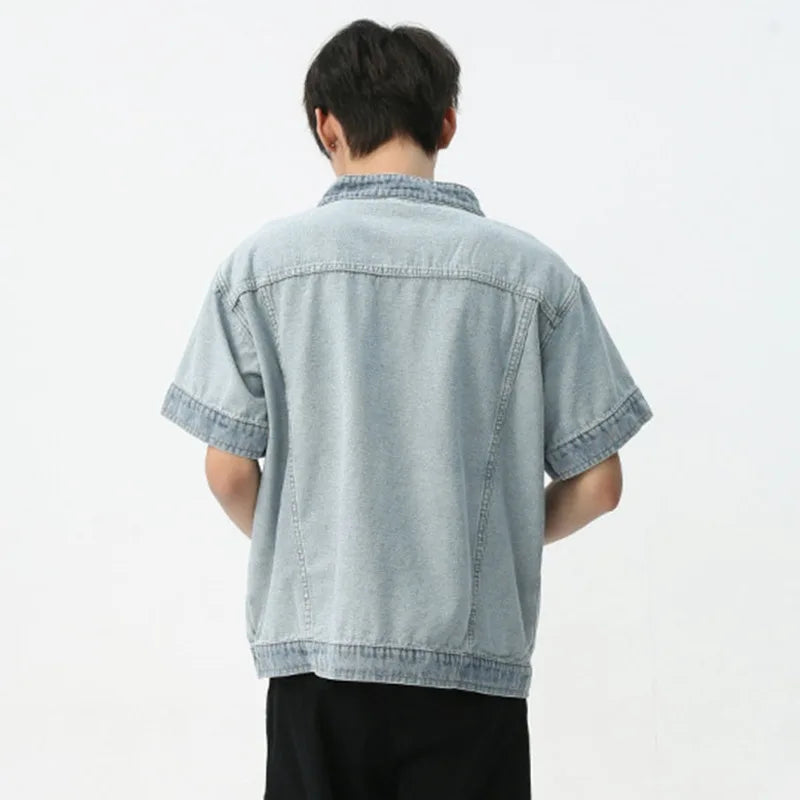 Men's Denim Short Sleeve T-shirt Summer Retro Fashion Loose Casual Male Top Trend Half Open Neck Pullover 9C5579