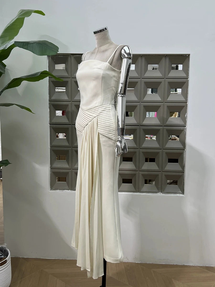 Solid Spliced Folds Elegant Dresses for Women Square Neck Sleeveless High Waist Fashion Dress Female Clothing New