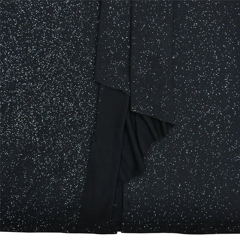 Glitter Deep V Neck Sexy Maxi Dress For Women Elegant Sparkle Long Sleeve Ruched Bodycon Split Club Party Sexy Dress