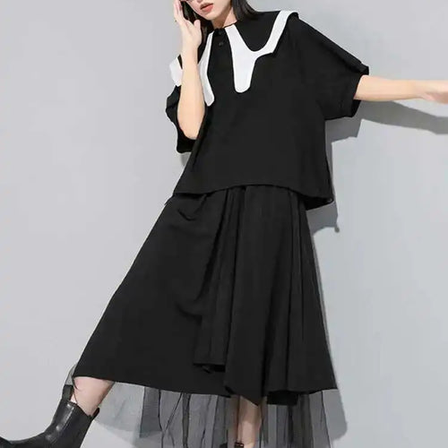 Load image into Gallery viewer, Women Black Color-block Big Size Casual T-shirt New Round Neck Half Sleeve Fashion Tide Spring Summer  2025 1DE7645
