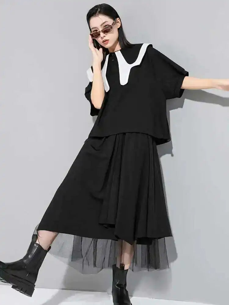 Women Black Color-block Big Size Casual T-shirt New Round Neck Half Sleeve Fashion Tide Spring Summer  2025 1DE7645