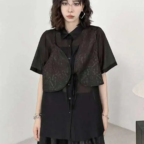 Load image into Gallery viewer, Black Shirt Big Size Half-body Skirt Two Pieces Suit New Lapel Short Sleeve Women Fashion Tide Spring Summer 2025 1DH5405
