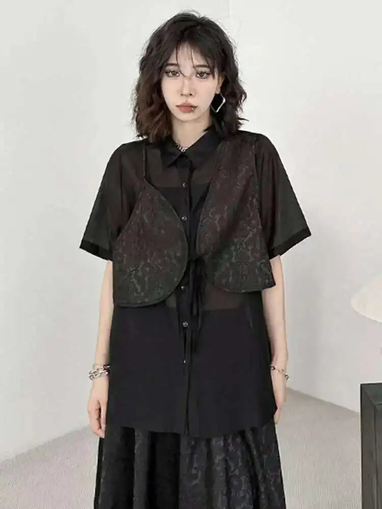 Black Shirt Big Size Half-body Skirt Two Pieces Suit New Lapel Short Sleeve Women Fashion Tide Spring Summer 2025 1DH5405