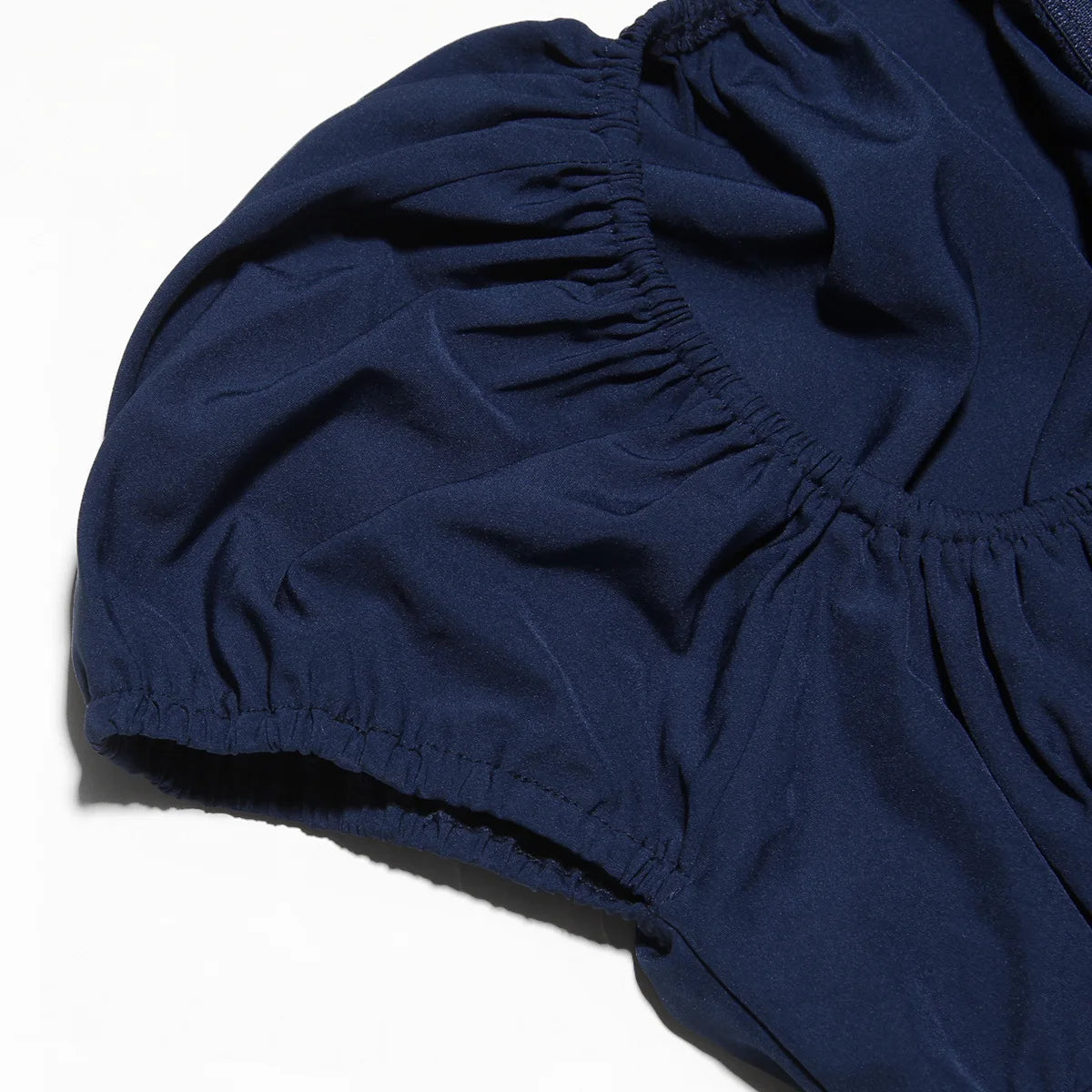 Square Collar Pleated Mini Dress For Women Navy Blue Fashion Short Sleeve Backless A-line Club Party Sexy Dress Elegant