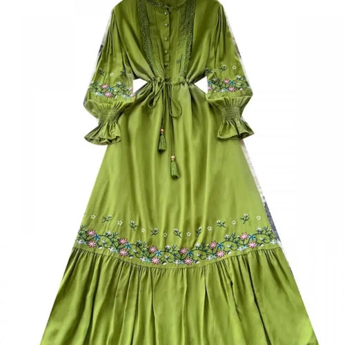 Load image into Gallery viewer, French Women Lace Embroidery Birthday Evening Party Dress Autumn Round Neck Elegant Long Sleeved Ruffles Lace-up Pleated Dresses
