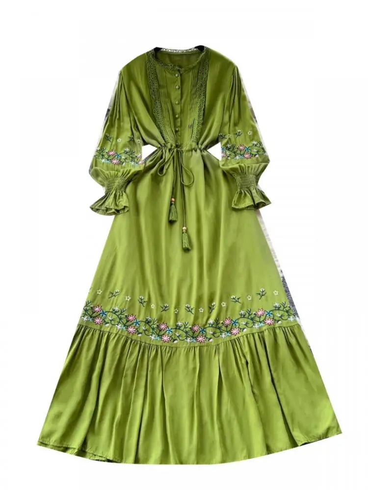 French Women Lace Embroidery Birthday Evening Party Dress Autumn Round Neck Elegant Long Sleeved Ruffles Lace-up Pleated Dresses