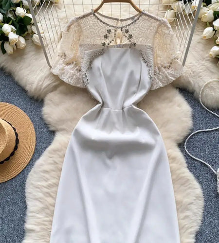 Summer Beige Lace Patchwork Sexy Club Mini Dress French Women Black Diamond Hollow Out High Waist Party Short Dresses 2024 New