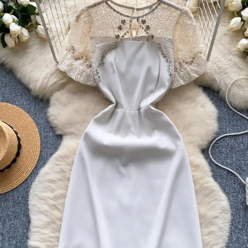 Load image into Gallery viewer, Summer Beige Lace Patchwork Sexy Club Mini Dress French Women Black Diamond Hollow Out High Waist Party Short Dresses 2024 New
