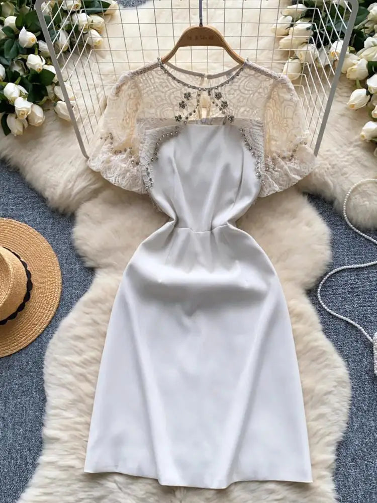 Summer Beige Lace Patchwork Sexy Club Mini Dress French Women Black Diamond Hollow Out High Waist Party Short Dresses 2024 New