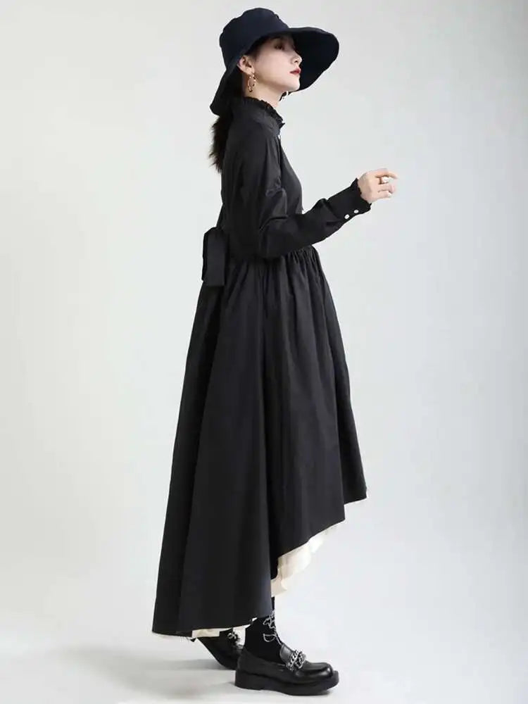 Women Black Layers Irregular Long Elegant Dress New Stand Collar Long Sleeve Fashion Tide Spring Autumn 2025 1DH9894