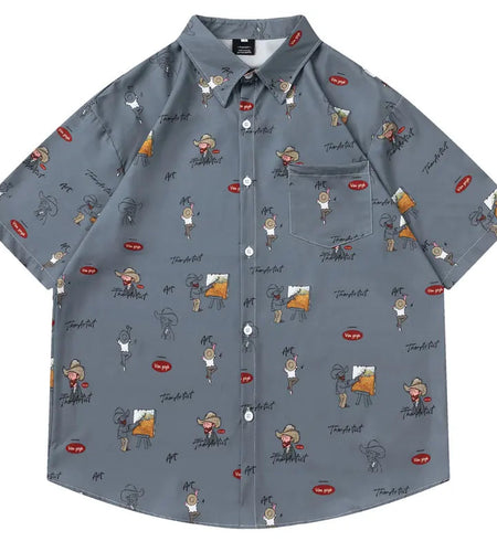 Harajuku Hawaiian Shirts Cartoon Van Gogh Graphic Printed Summer Beach Blouse Hip Hop Casual Baggy Short Sleeve Button Up Tops