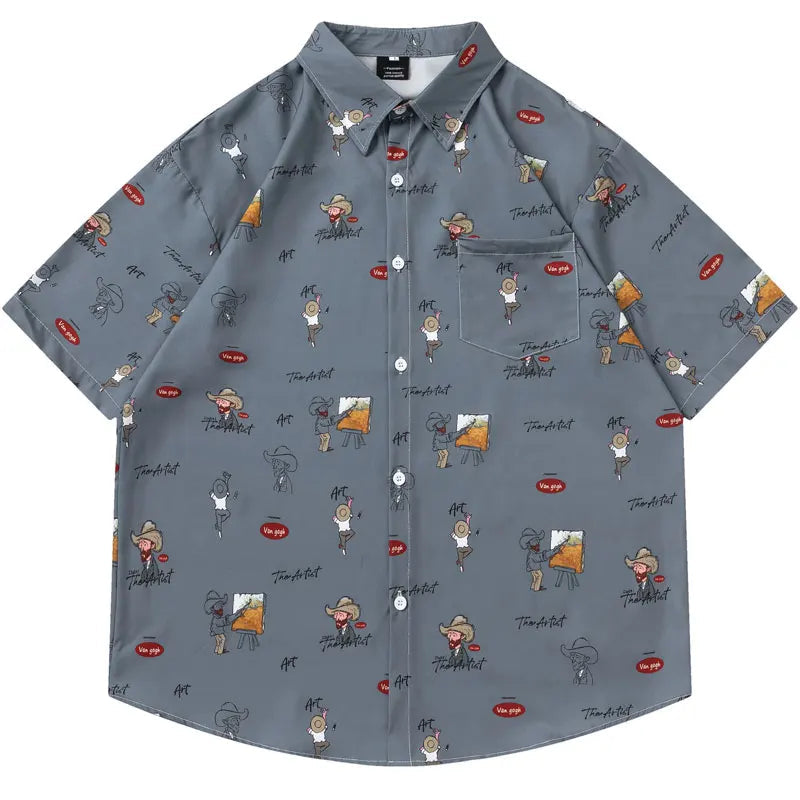 Harajuku Hawaiian Shirts Cartoon Van Gogh Graphic Printed Summer Beach Blouse Hip Hop Casual Baggy Short Sleeve Button Up Tops