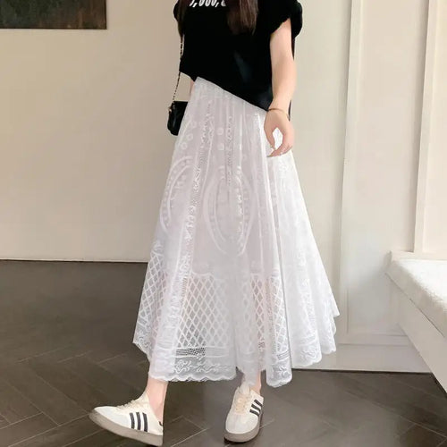 Load image into Gallery viewer, Spring Summer French Fashion Vintage Black White Lace Slim Holiday Long Skirt Women Beige High Waist Elegant Party Pleated Skirt
