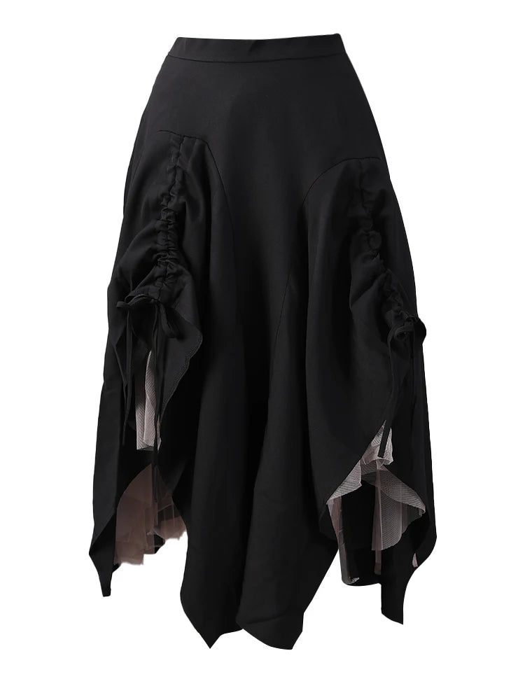 High Elastic Waist Black Drawstring Mesh Irregular A-line Half-body Skirt Women Fashion Tide New Spring Autumn 2025 2Q1136