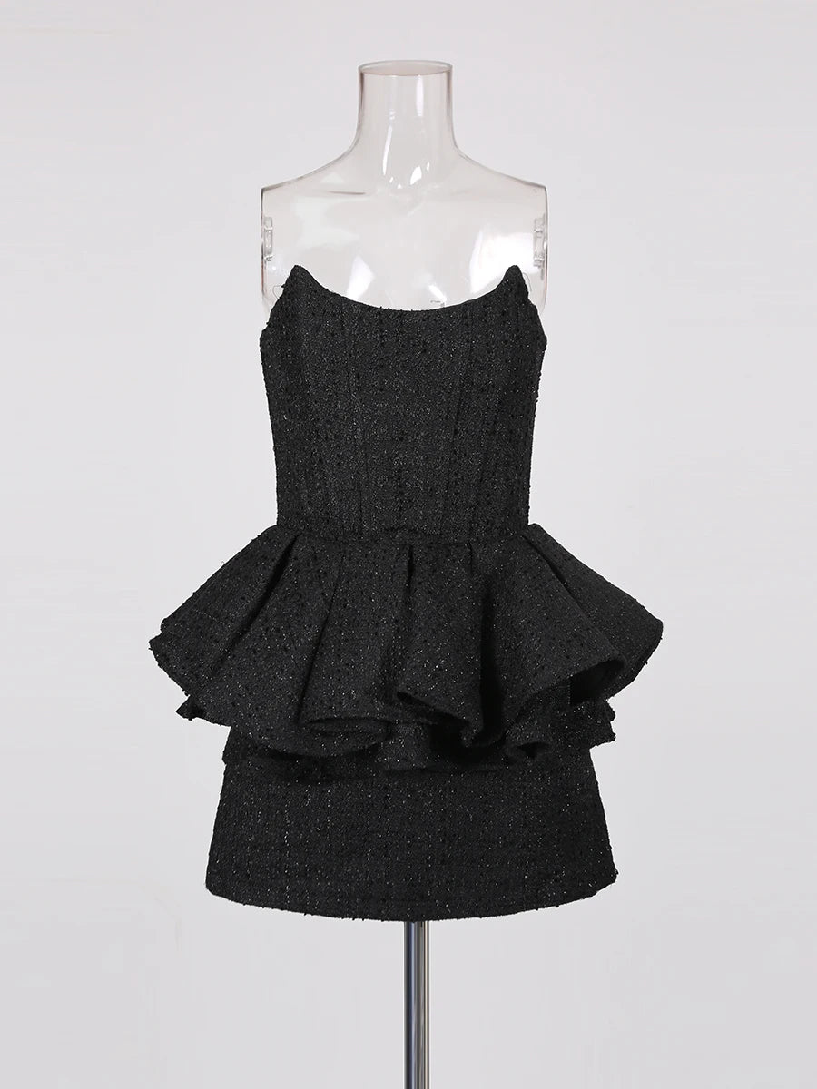 Spliced Sequins Two Piece Sets for Women Strapless Sleeveless Patchwork Ruffles Vest High Waist Skirt Set Female New