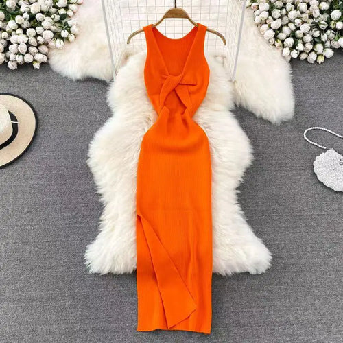Load image into Gallery viewer, Korean Solid Knitted Split Long Dress Summer Women V Neck Sleeveless Kink Sexy Club Slim Bodycon Wrapped Hip Dress Vestidos Chic
