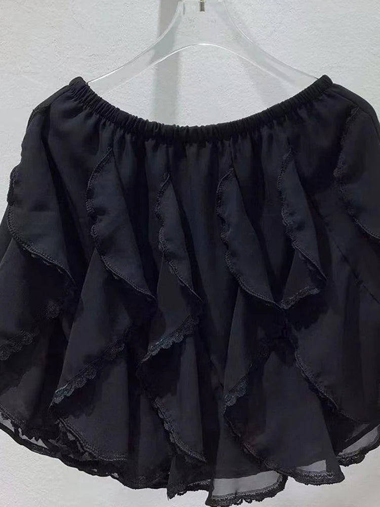 Solid Spliced Ruffles Loose Mini Skirt For Women High Waist Temperament Elegant Skirts Female Fashion Style Clothes