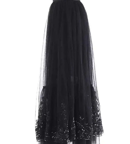 High Elastic Waist Black Sequins Mesh Elegant A-line Half-body Skirt Women Fashion Tide New Spring Autumn 2025 1DH8429