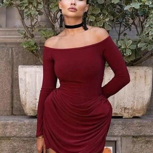 Load image into Gallery viewer, Elegant Long Sleeved Bodycon Pleated Dress Women Sexy One Shoulder  Elastic Party Evening Dress Autumn 2024 New Vestidos
