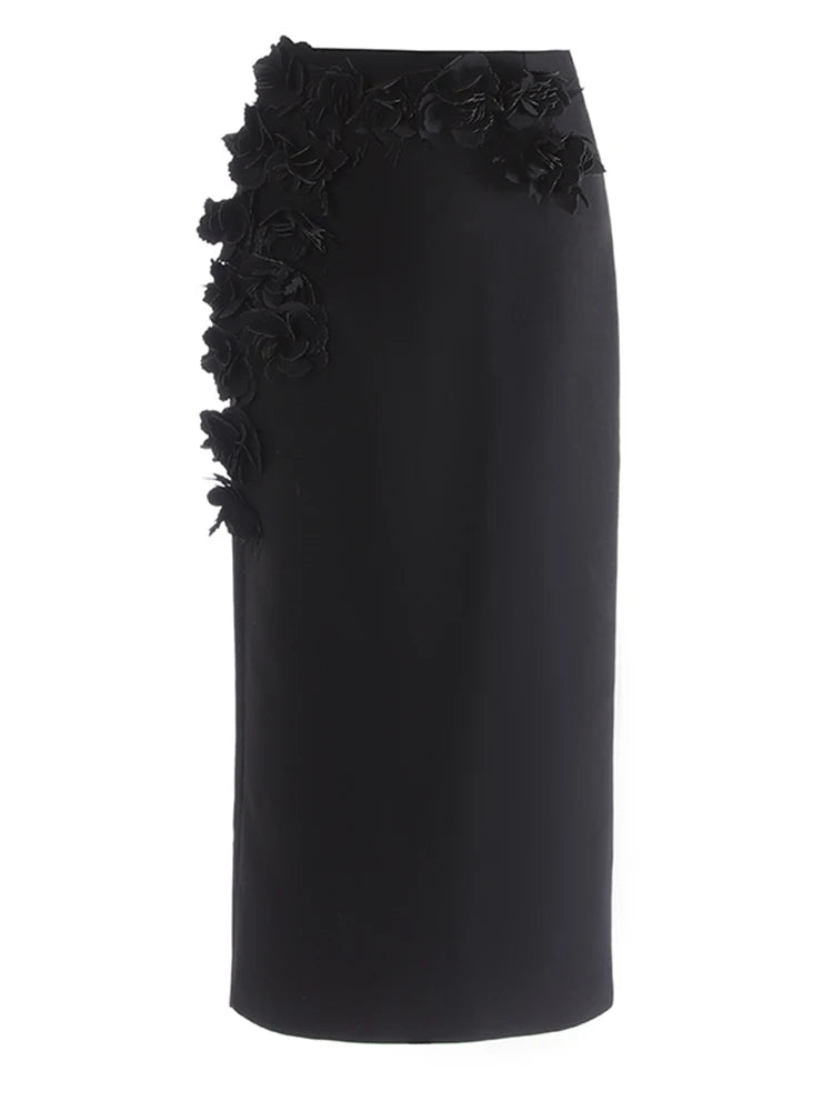 High Waist Red Three-dimensional Flower Elegant Midi Half-body Skirt Women Fashion Tide New Spring Autumn 2025 1DJ0914