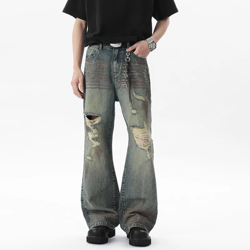 Hole Worn-out Male Jeans New Spring Splashing Ink Sparkling American Hign Street Distressed Men's Denim Pants 9W1529