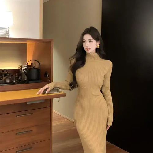 Load image into Gallery viewer, New Solid High Collar Long Sleeve Festival Knitted Dress Autumn Winter French Fashion Slim Long Sleeves Elegant Wrap Hip Dresses
