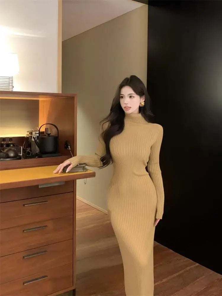 New Solid High Collar Long Sleeve Festival Knitted Dress Autumn Winter French Fashion Slim Long Sleeves Elegant Wrap Hip Dresses