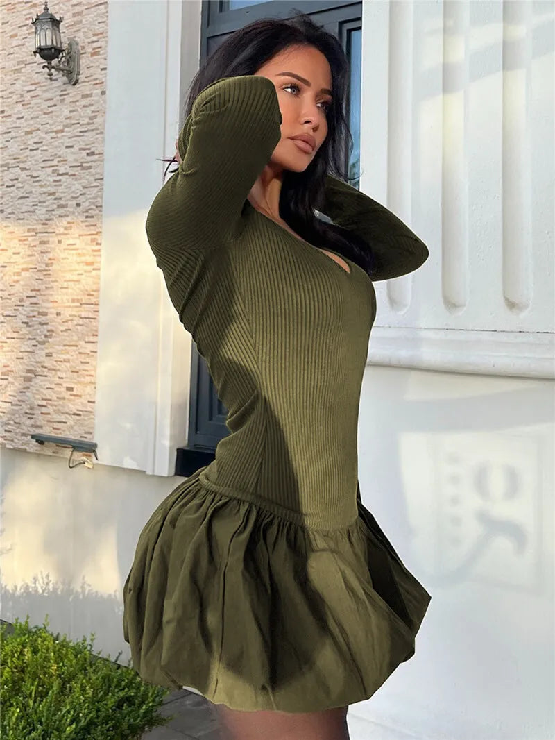 Long Sleeve Puffball Sexy Mini Dress For Women Autumn Winter New O Neck High Waist A-line Ruffled Pleated Dress