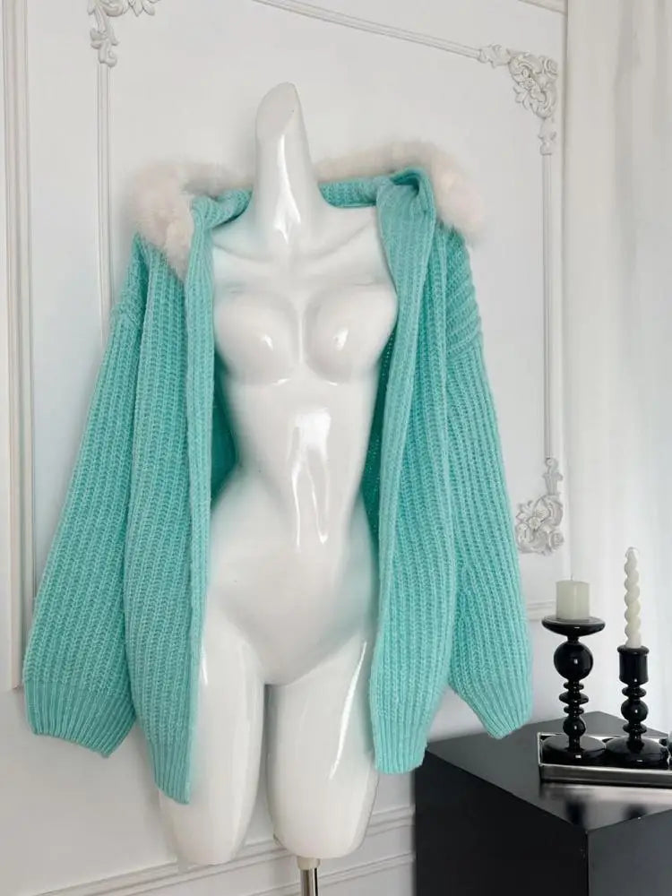 Vintage Chic Women Blue Hooded Cardigan Sweater Beige Elegant Long Sleeved Short Knitted Tops 2024 Autumn Winter Fashion Popular