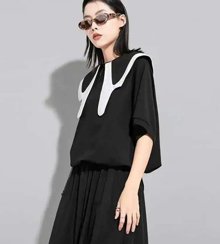 Women Black Color-block Big Size Casual T-shirt New Round Neck Half Sleeve Fashion Tide Spring Summer  2025 1DE7645