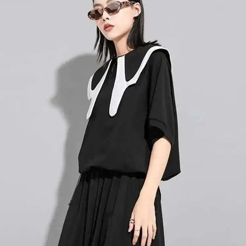 Load image into Gallery viewer, Women Black Color-block Big Size Casual T-shirt New Round Neck Half Sleeve Fashion Tide Spring Summer  2025 1DE7645
