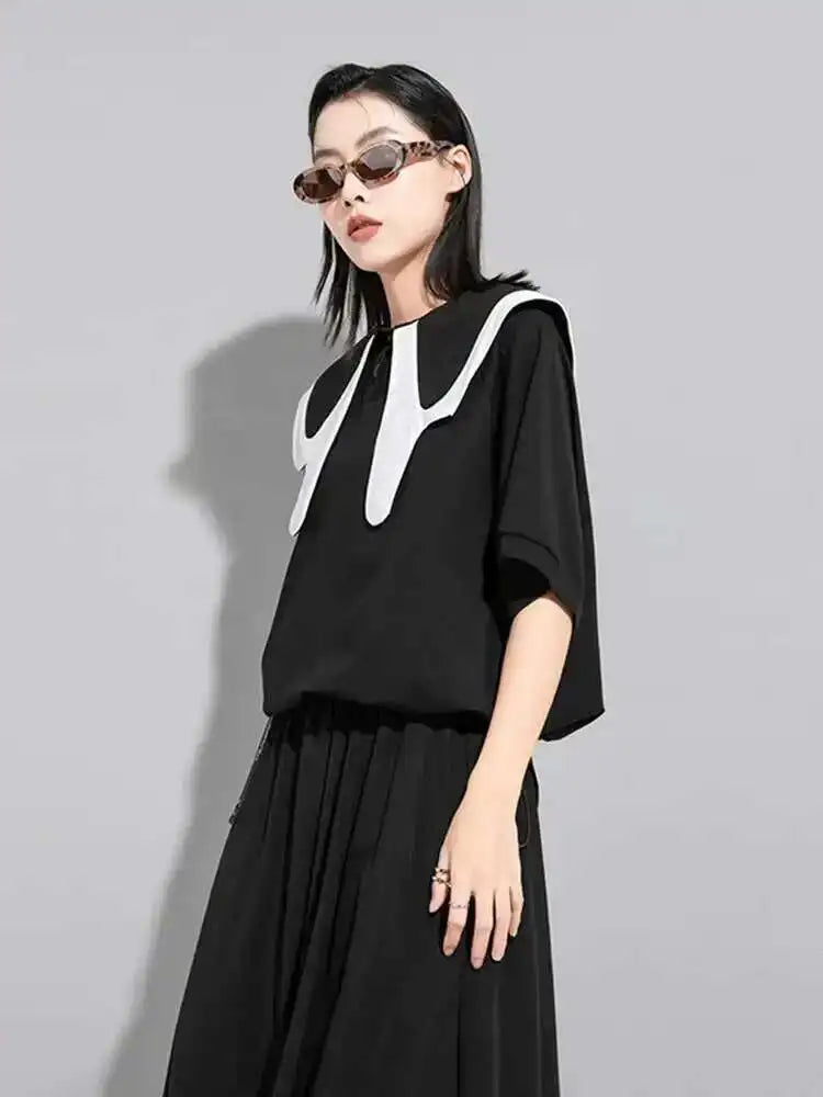 Women Black Color-block Big Size Casual T-shirt New Round Neck Half Sleeve Fashion Tide Spring Summer  2025 1DE7645