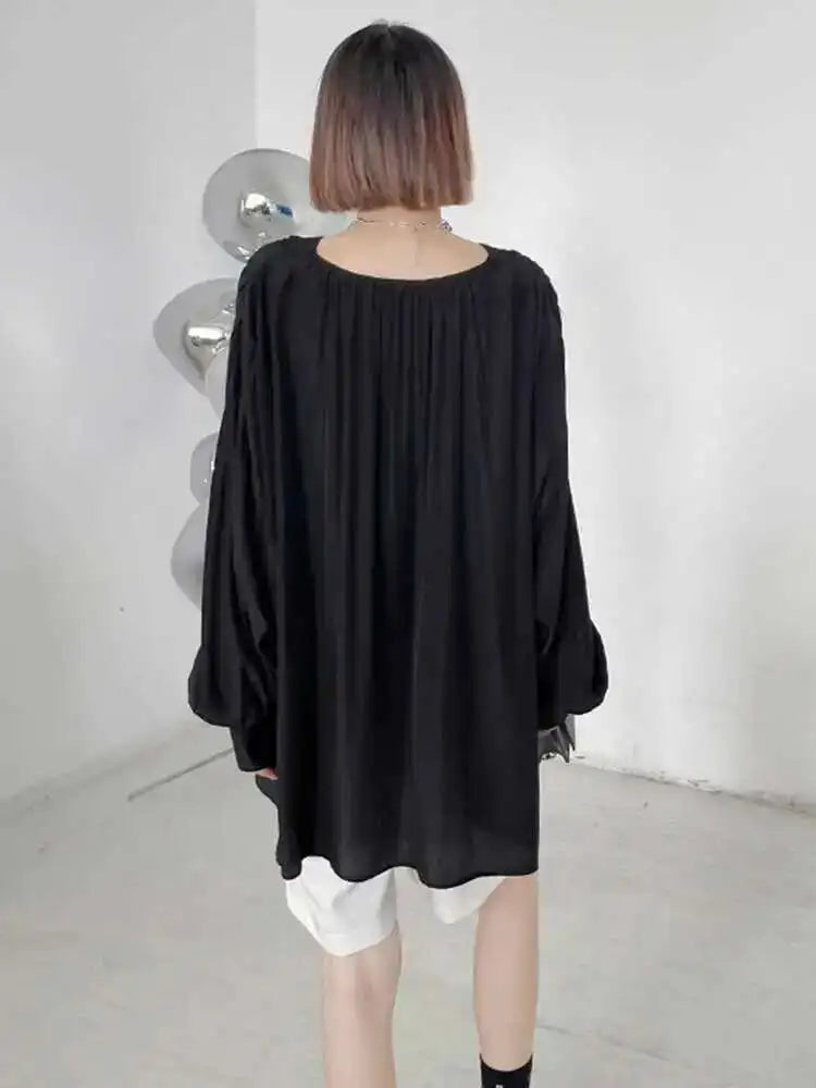 Women Black Elegant Big Size Casual Blouse New V-neck Long Sleeve Loose Fit Shirt Fashion Tide Spring Autumn 2025 1DH0656