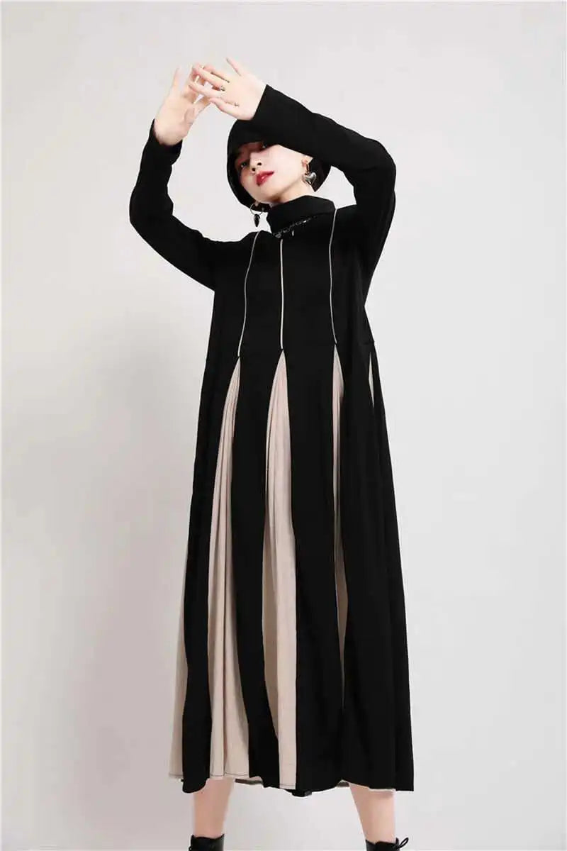 Women Black White Contrast Color Long Dress New Turtleneck Long Sleeve Loose Fit Fashion Tide Autumn Winter 2025  1DD2153