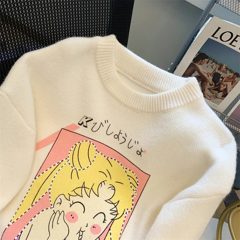 Korean Women's White Beautiful Girl Pattern Long Sleeve Round Neck Sweater Autumn Winter Loose Elegant Knit Thick Pullover Tops