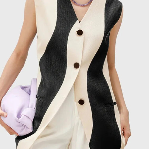 Load image into Gallery viewer, Colorblock Casual Loose Vests For Women V Neck Sleeveless Patchwork Button Minimalist Vest Female Fashion Clothing
