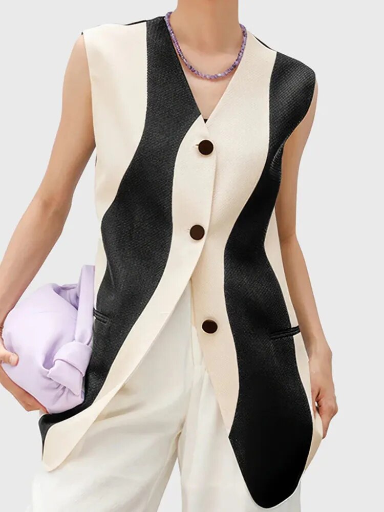 Colorblock Casual Loose Vests For Women V Neck Sleeveless Patchwork Button Minimalist Vest Female Fashion Clothing