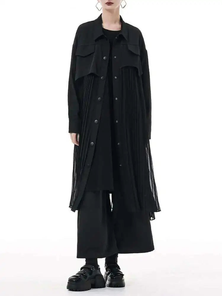 Women Army Green Pleated Spliced Big Size Midi Shirt Dress New Lapel Long Sleeve Fashion Tide Spring Autumn 2025 1DH6927