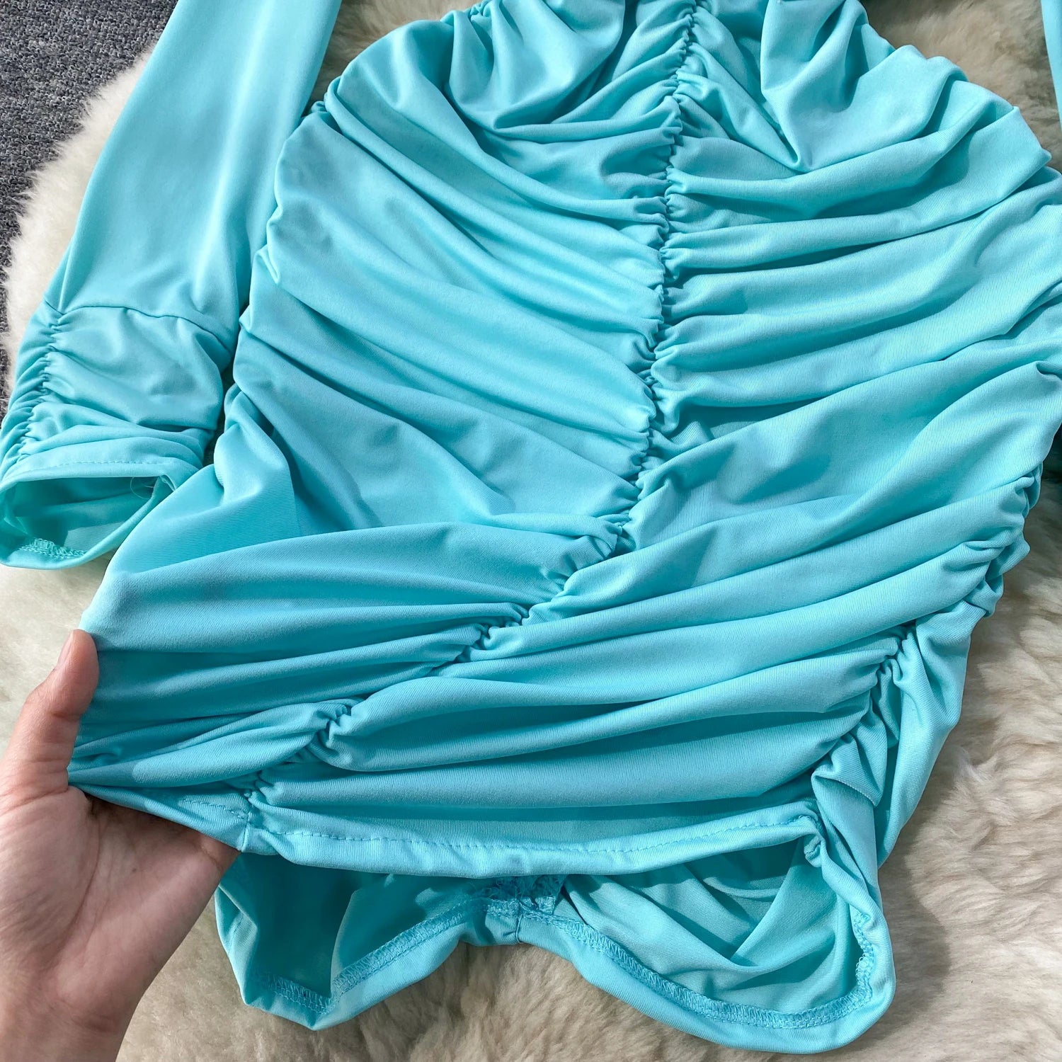 Retro Blue Bodycon Pleated Dress Women Long Sleeved Gray Dresses Women Autumn Black Sexy Club Dress Festival Night Party Dresses