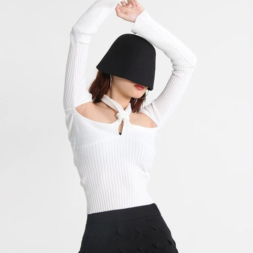 Load image into Gallery viewer, Cut Out Knitting Sweater For Women Halter Collar Long Sleeve Solid Minimalsit Skinny Pullover Female Clothing

