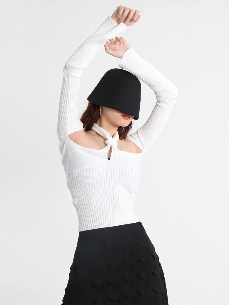 Cut Out Knitting Sweater For Women Halter Collar Long Sleeve Solid Minimalsit Skinny Pullover Female Clothing