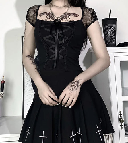 Vintage Tops Goth T-shirt Women Bodycon Bandage Lace Black T-shirts Gothic Streetwear Sexy Female Top Casual Mesh Tee