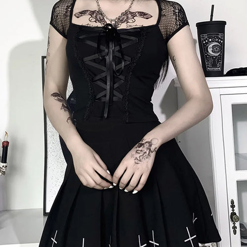 Load image into Gallery viewer, Vintage Tops Goth T-shirt Women Bodycon Bandage Lace Black T-shirts Gothic Streetwear Sexy Female Top Casual Mesh Tee
