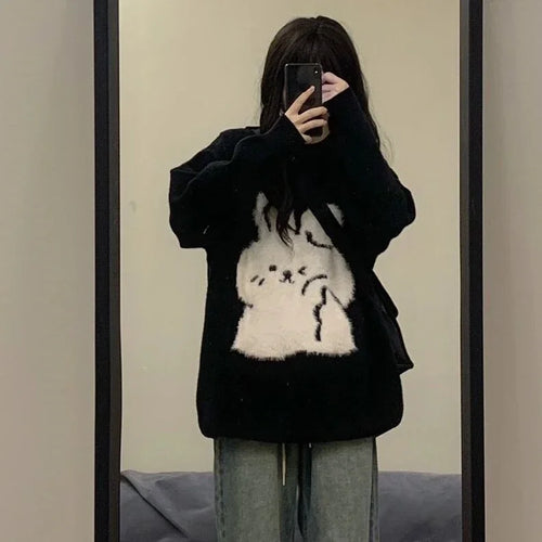 Load image into Gallery viewer, Japanese Cute Rabbit Jacquard Sweater Women Black Pullover Sueter Mujer Y2k Top Jumper Harajuku Knit   Tops
