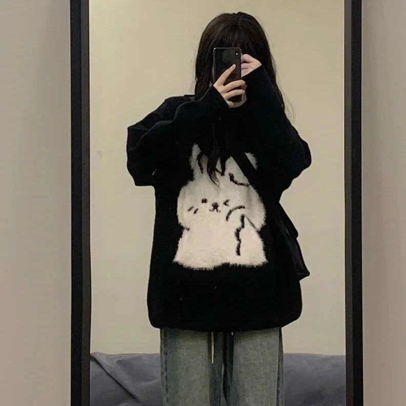 Japanese Cute Rabbit Jacquard Sweater Women Black Pullover Sueter Mujer Y2k Top Jumper Harajuku Knit   Tops